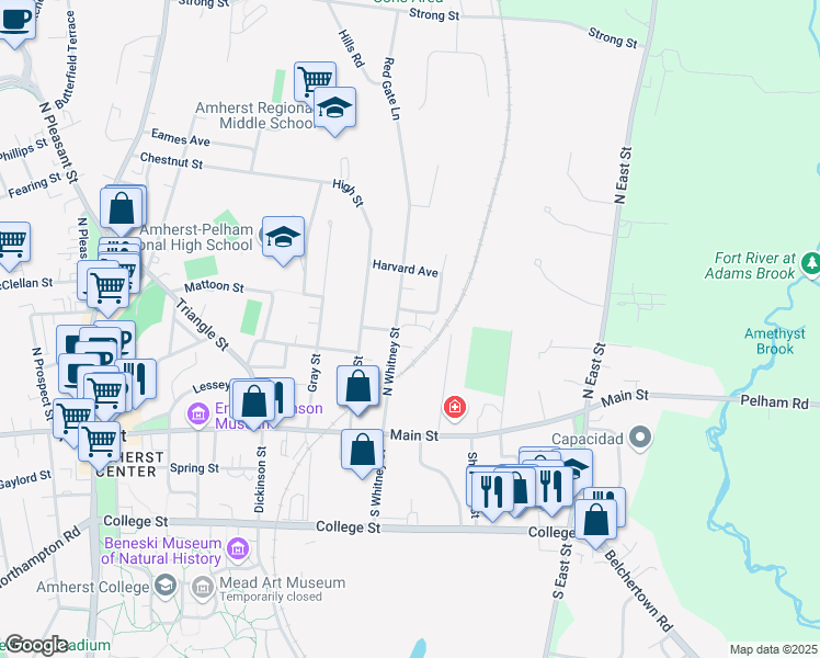 map of restaurants, bars, coffee shops, grocery stores, and more near 18 Grove Street in Amherst