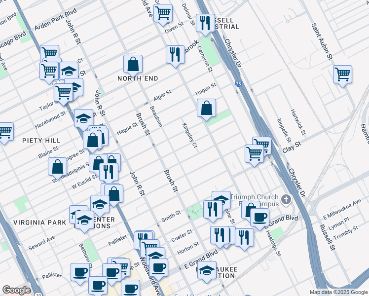 map of restaurants, bars, coffee shops, grocery stores, and more near 603 Melbourne Street in Detroit