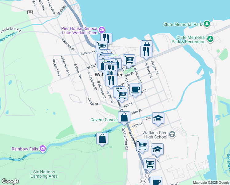 map of restaurants, bars, coffee shops, grocery stores, and more near 600 North Franklin Street in Watkins Glen