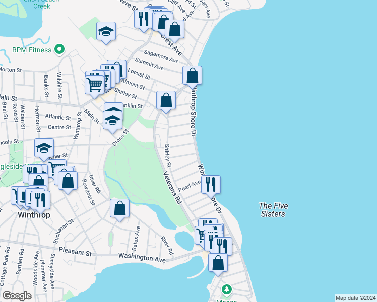 map of restaurants, bars, coffee shops, grocery stores, and more near 187 Winthrop Shore Drive in Winthrop