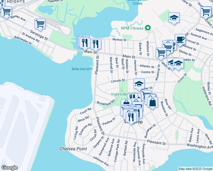 map of restaurants, bars, coffee shops, grocery stores, and more near 46 Lincoln Street in Winthrop