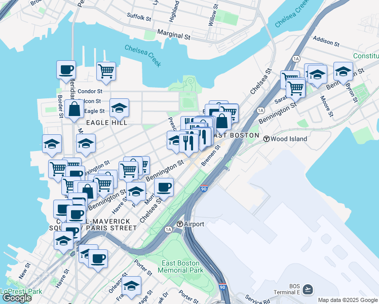 map of restaurants, bars, coffee shops, grocery stores, and more near 416 Saratoga Street in Boston