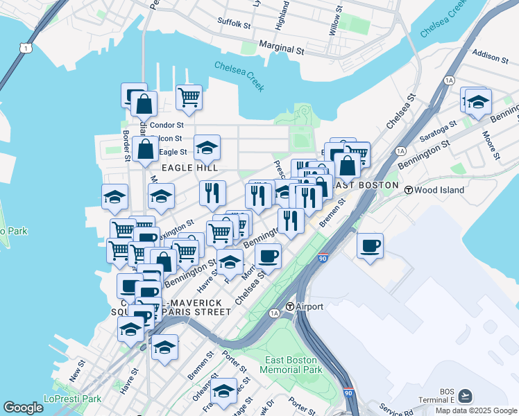 map of restaurants, bars, coffee shops, grocery stores, and more near 199 Lexington Street in Boston