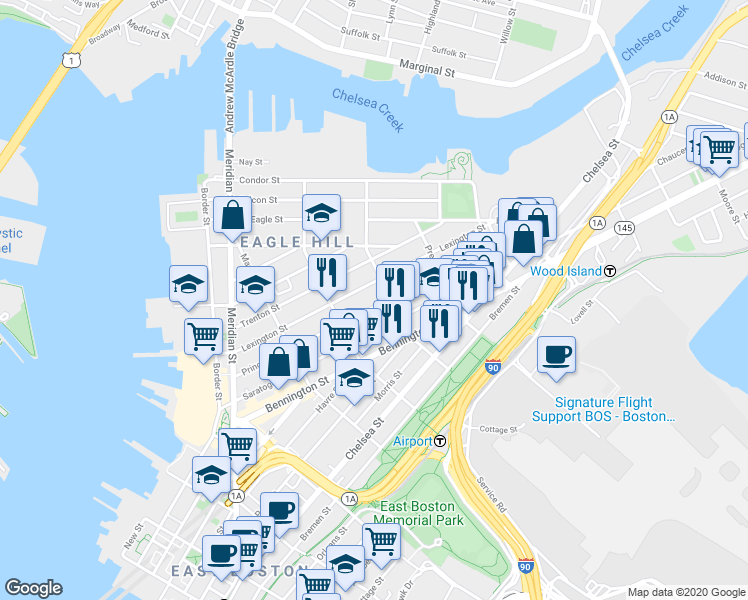 map of restaurants, bars, coffee shops, grocery stores, and more near 199 Lexington Street in Boston