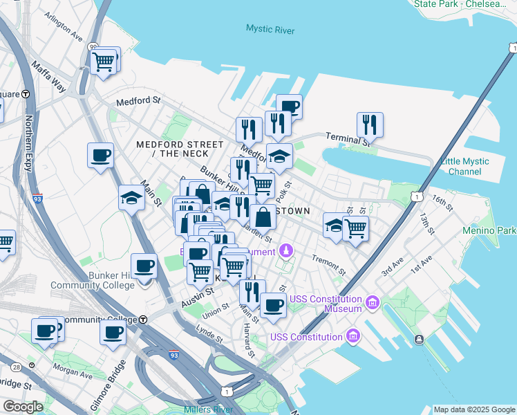 map of restaurants, bars, coffee shops, grocery stores, and more near 86 Elm Street in Boston