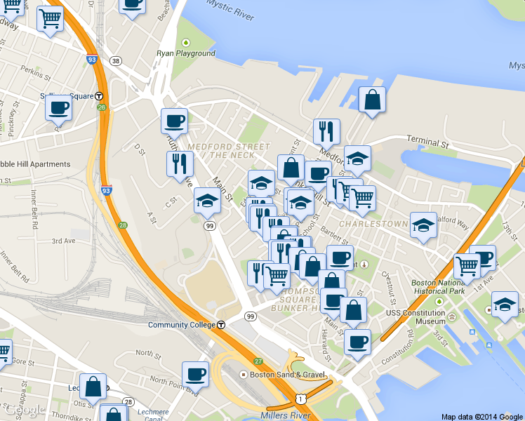 map of restaurants, bars, coffee shops, grocery stores, and more near 44 Walker Street in Boston