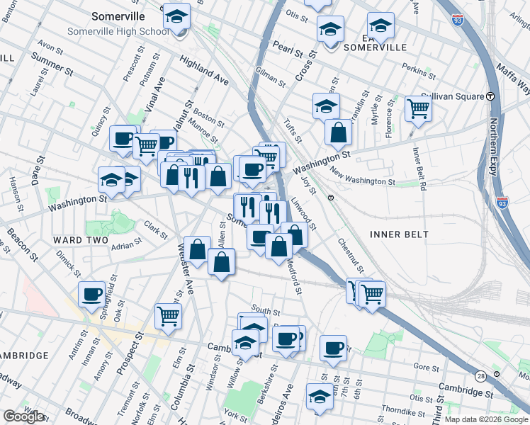 map of restaurants, bars, coffee shops, grocery stores, and more near 192 Washington Street in Somerville
