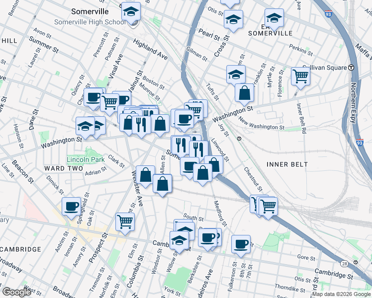 map of restaurants, bars, coffee shops, grocery stores, and more near 192 Washington Street in Somerville