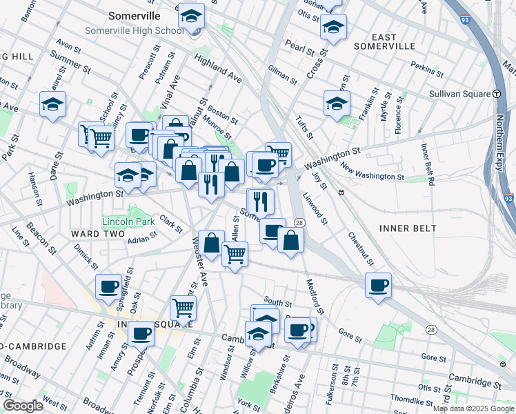 map of restaurants, bars, coffee shops, grocery stores, and more near in Somerville