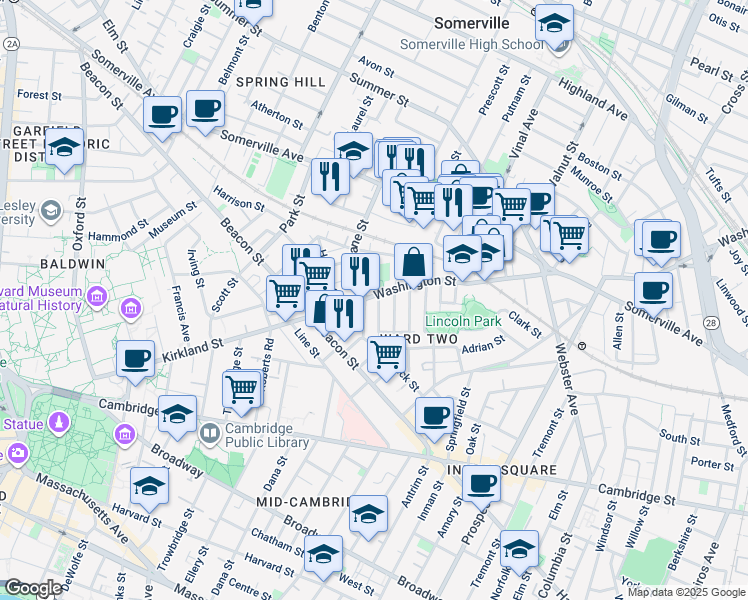 map of restaurants, bars, coffee shops, grocery stores, and more near 8 Leland Street in Somerville