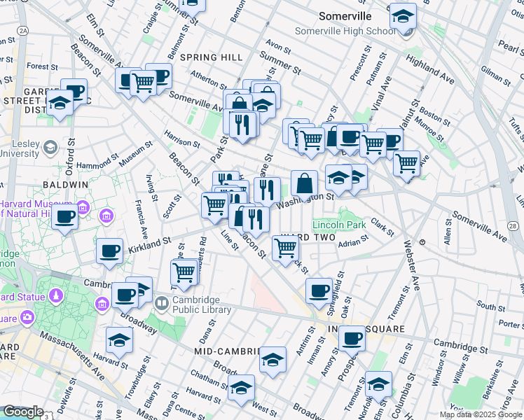 map of restaurants, bars, coffee shops, grocery stores, and more near 65 Dane Street in Somerville