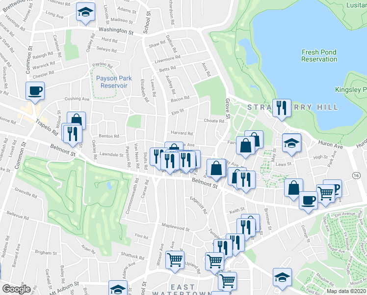 map of restaurants, bars, coffee shops, grocery stores, and more near 35 Harvard Road in Belmont
