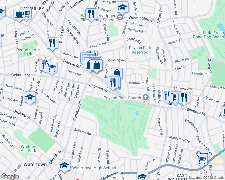 map of restaurants, bars, coffee shops, grocery stores, and more near 41 Trapelo Road in Belmont