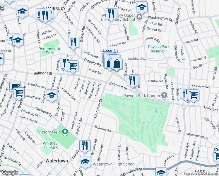 map of restaurants, bars, coffee shops, grocery stores, and more near 535 Belmont Street in Belmont