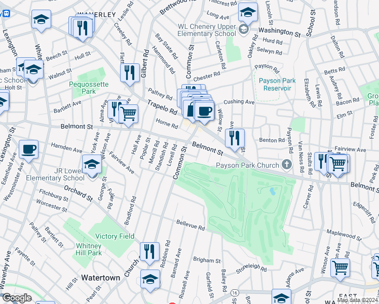map of restaurants, bars, coffee shops, grocery stores, and more near 535 Belmont Street in Belmont