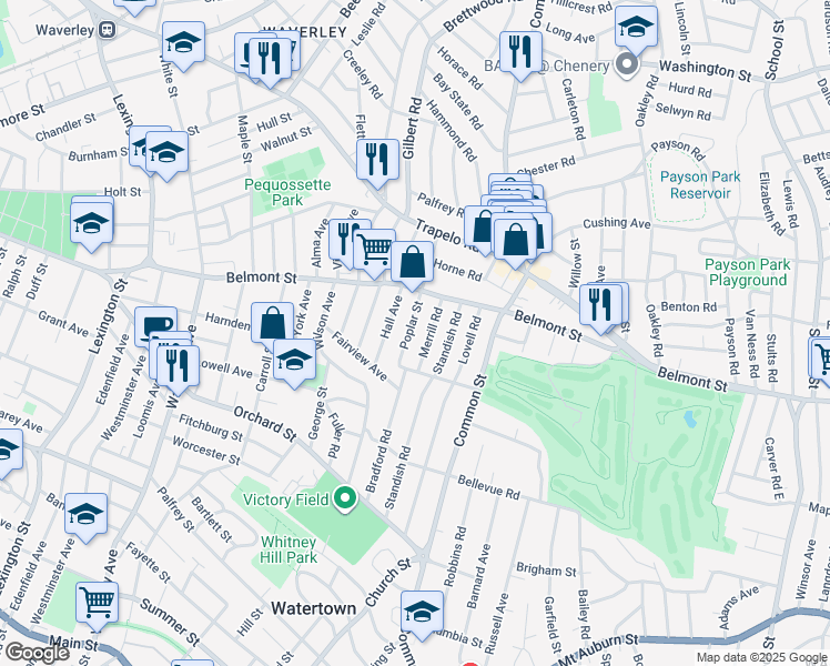 map of restaurants, bars, coffee shops, grocery stores, and more near 16 Hall Avenue in Watertown