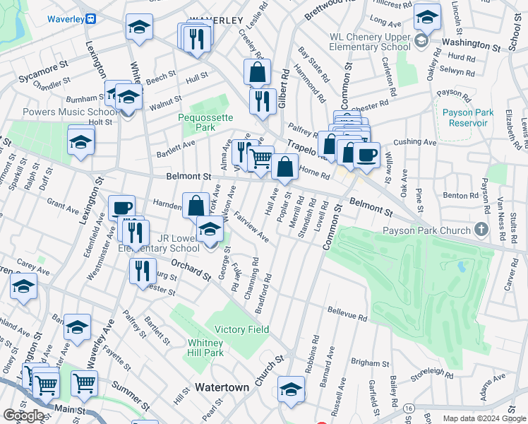 map of restaurants, bars, coffee shops, grocery stores, and more near 23 Hardy Avenue in Watertown