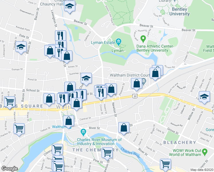 map of restaurants, bars, coffee shops, grocery stores, and more near 67 Lyman Street in Waltham