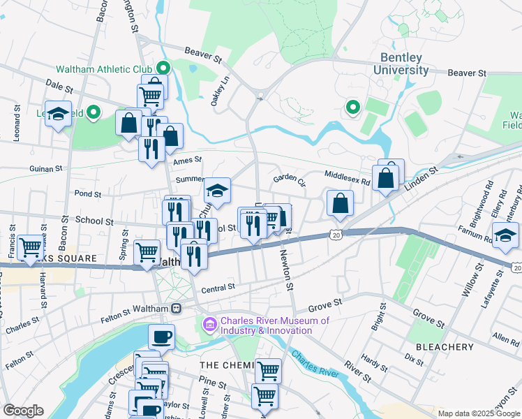 map of restaurants, bars, coffee shops, grocery stores, and more near 67 Lyman Street in Waltham