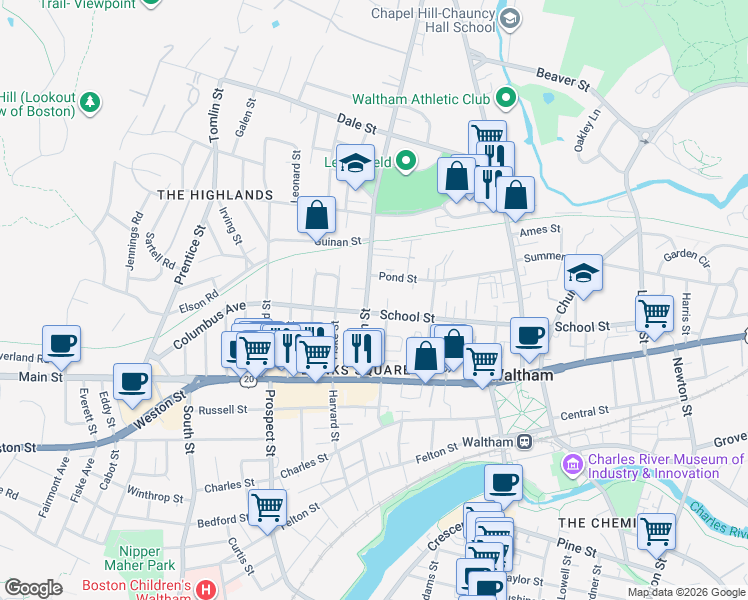 map of restaurants, bars, coffee shops, grocery stores, and more near 88 Bacon Street in Waltham