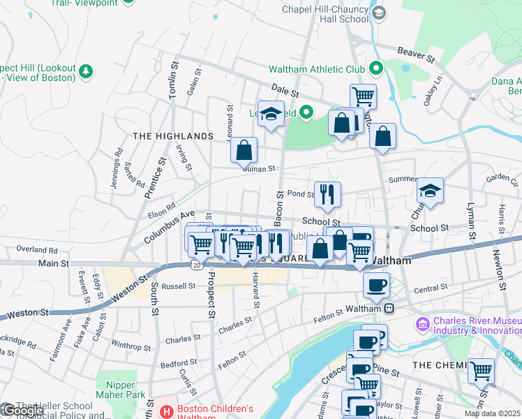 map of restaurants, bars, coffee shops, grocery stores, and more near 86 Fiske Street in Waltham