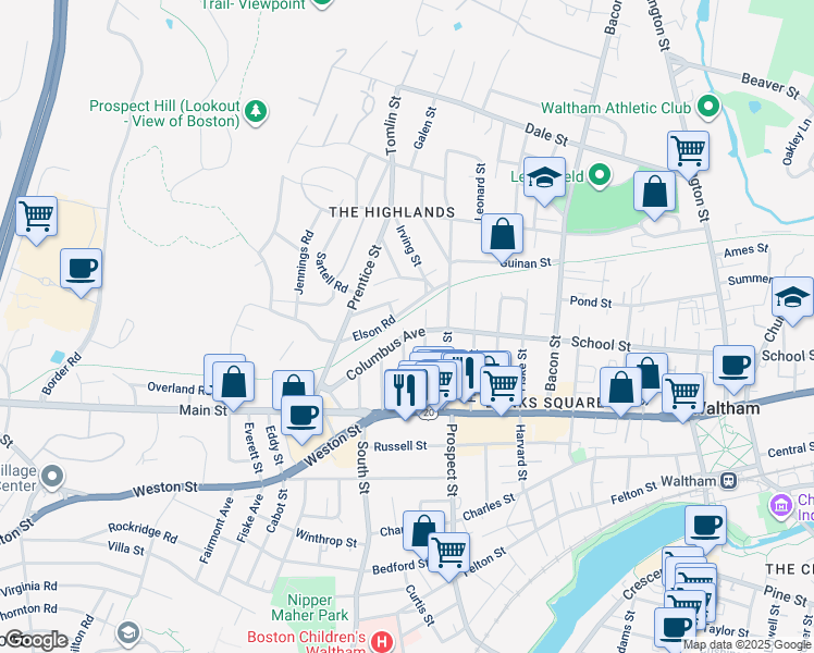 map of restaurants, bars, coffee shops, grocery stores, and more near 70 Elson Road in Waltham