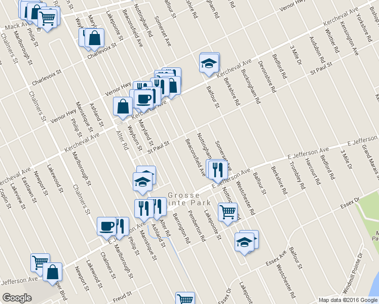map of restaurants, bars, coffee shops, grocery stores, and more near 1080 Beaconsfield Avenue in Grosse Pointe Park