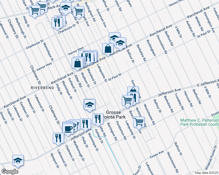 map of restaurants, bars, coffee shops, grocery stores, and more near 15216 Saint Paul Street in Grosse Pointe Park