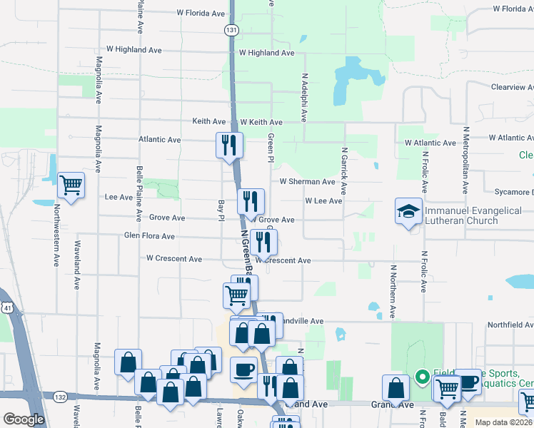 map of restaurants, bars, coffee shops, grocery stores, and more near 35602 North Green Avenue in Waukegan