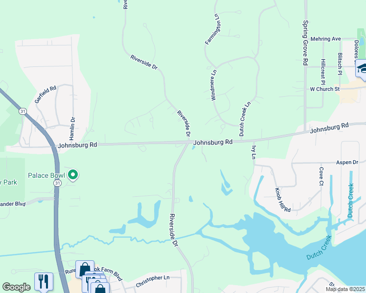 map of restaurants, bars, coffee shops, grocery stores, and more near 3613 Riverside Drive in Johnsburg