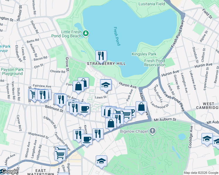 map of restaurants, bars, coffee shops, grocery stores, and more near 139 Cushing Street in Cambridge