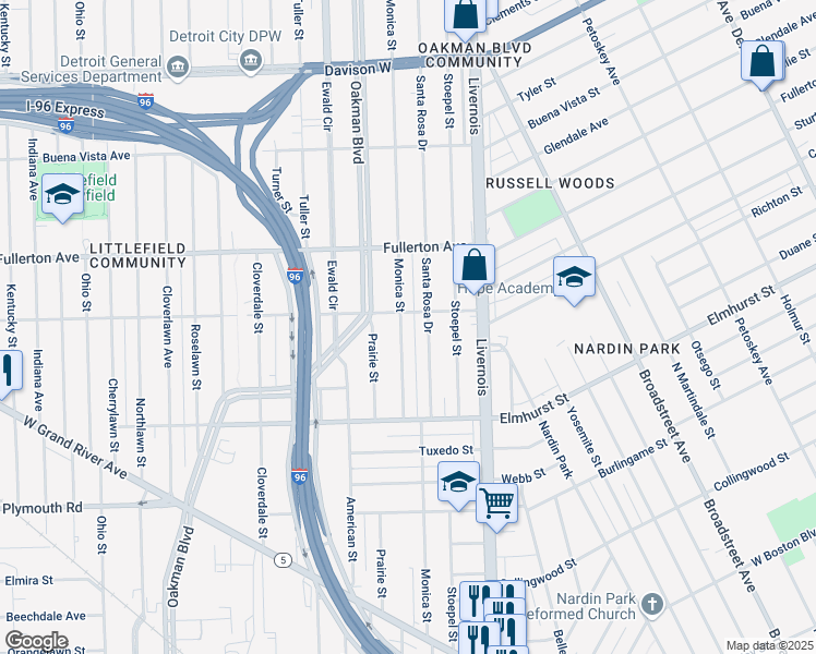 map of restaurants, bars, coffee shops, grocery stores, and more near 12192 Monica Street in Detroit