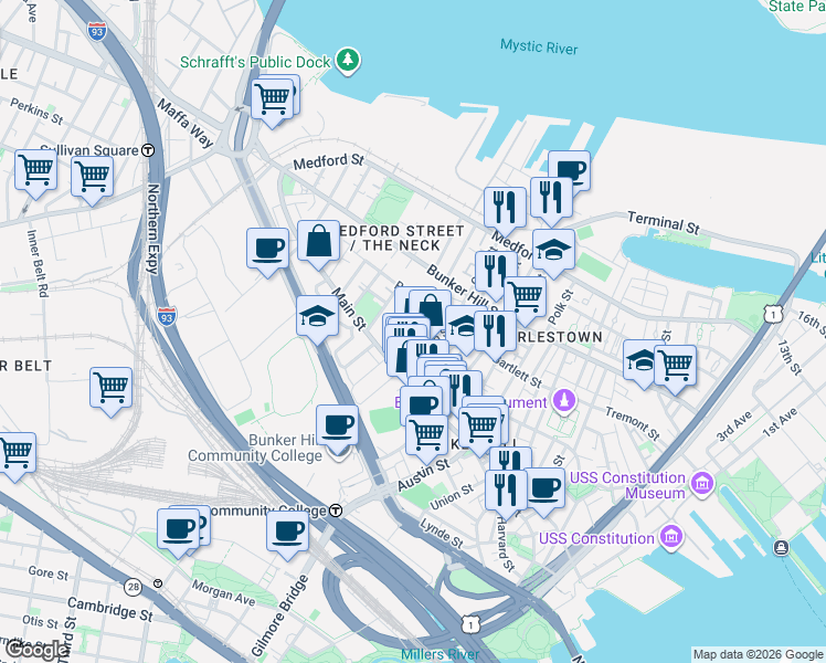 map of restaurants, bars, coffee shops, grocery stores, and more near 44 Walker Street in Boston