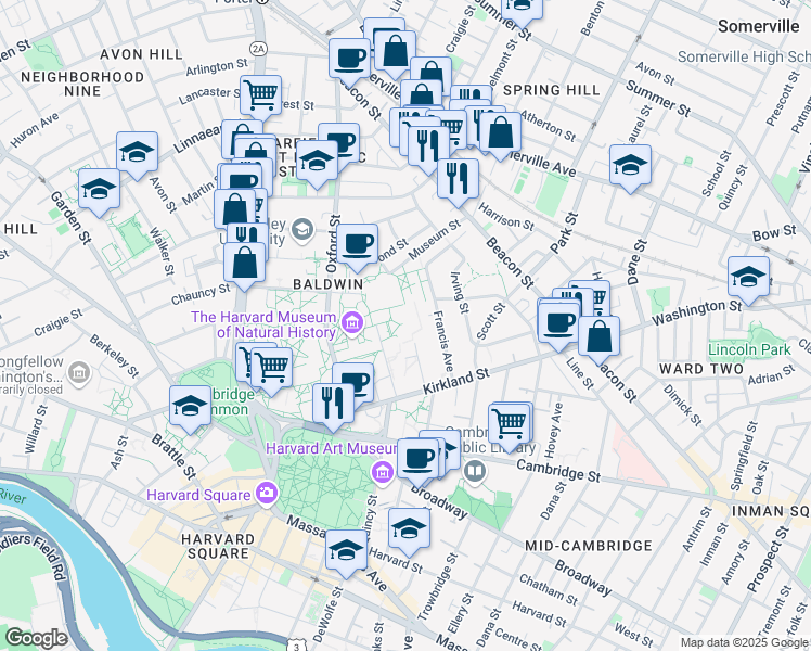 map of restaurants, bars, coffee shops, grocery stores, and more near 16 Divinity Avenue in Cambridge
