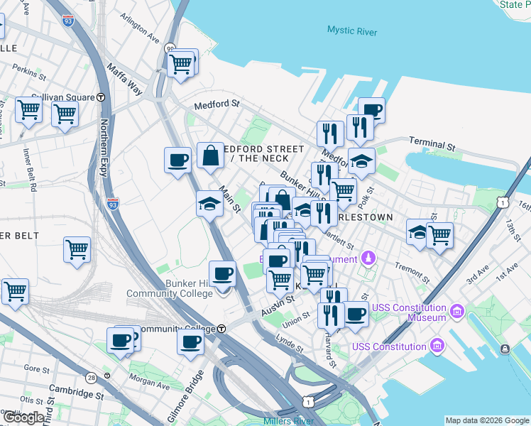 map of restaurants, bars, coffee shops, grocery stores, and more near 46 Walker Street in Boston