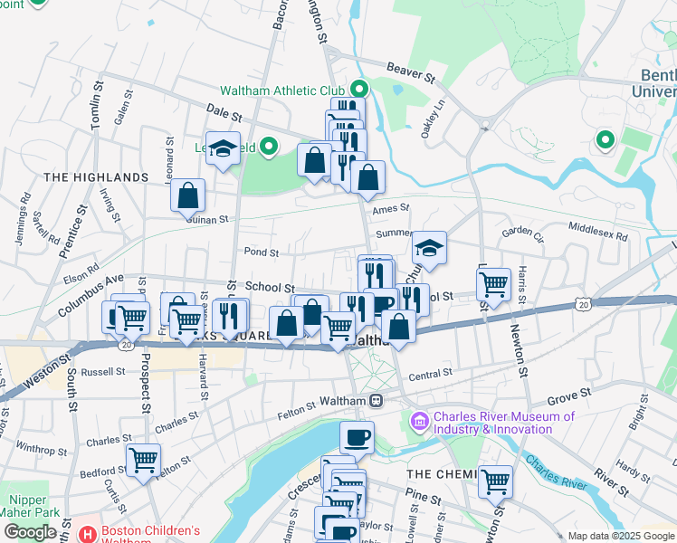 map of restaurants, bars, coffee shops, grocery stores, and more near 133 School Street in Waltham