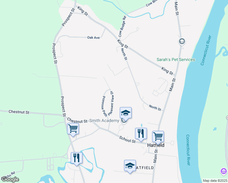 map of restaurants, bars, coffee shops, grocery stores, and more near 22 Pleasant View Dr in Hatfield