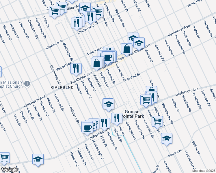 map of restaurants, bars, coffee shops, grocery stores, and more near 1124 Wayburn Street in Grosse Pointe Park