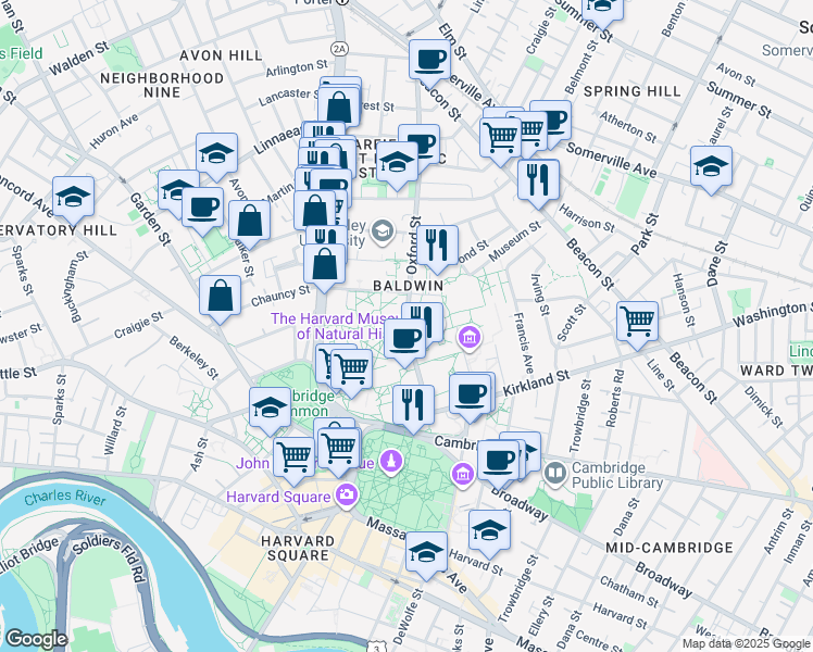 map of restaurants, bars, coffee shops, grocery stores, and more near 30 Oxford Street in Cambridge