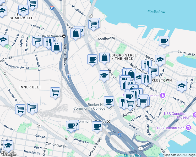 map of restaurants, bars, coffee shops, grocery stores, and more near 330 Rutherford Avenue in Boston