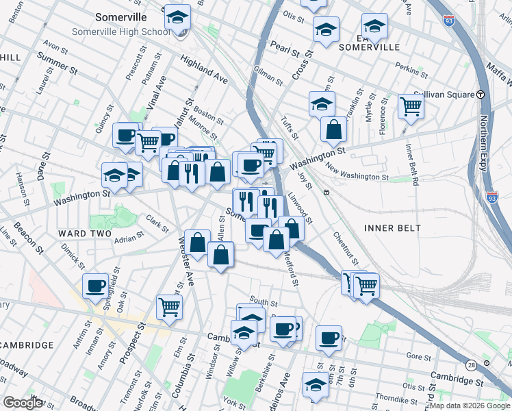 map of restaurants, bars, coffee shops, grocery stores, and more near 192 Washington Street in Somerville