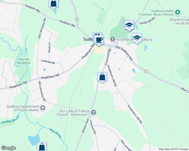 map of restaurants, bars, coffee shops, grocery stores, and more near 257 Concord Road in Sudbury