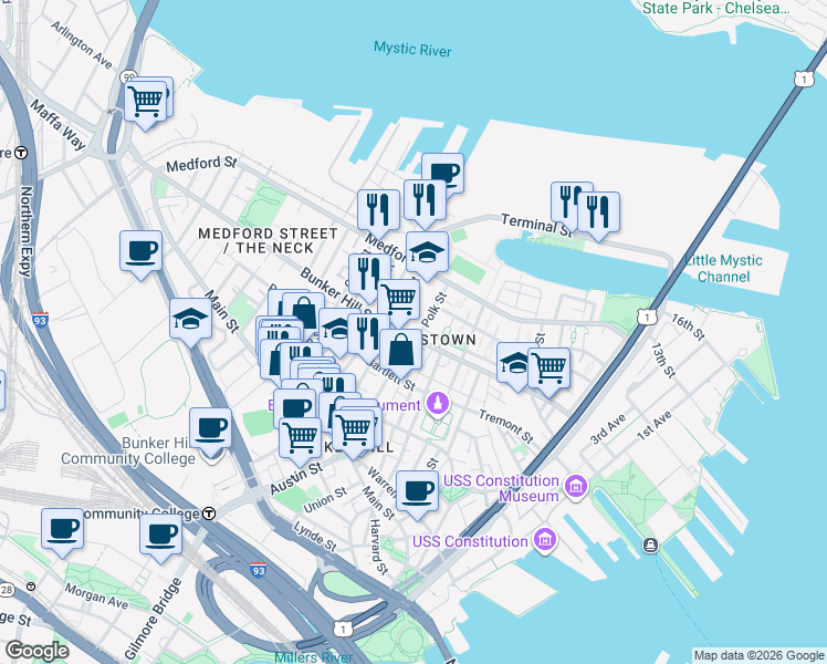 map of restaurants, bars, coffee shops, grocery stores, and more near 195 Bunker Hill Street in Boston
