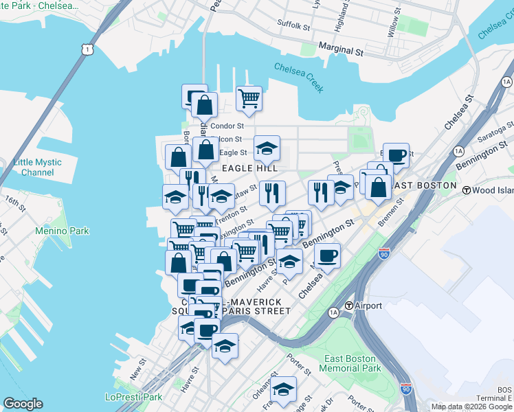 map of restaurants, bars, coffee shops, grocery stores, and more near 166 Brooks Street in Boston