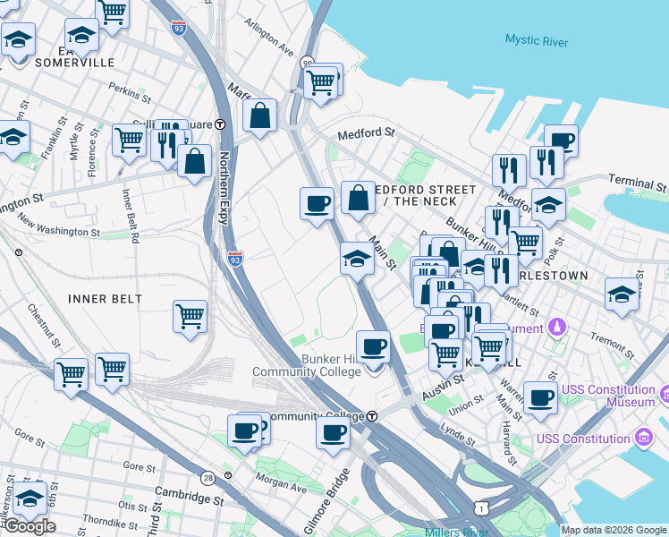 map of restaurants, bars, coffee shops, grocery stores, and more near 330 Rutherford Avenue in Boston