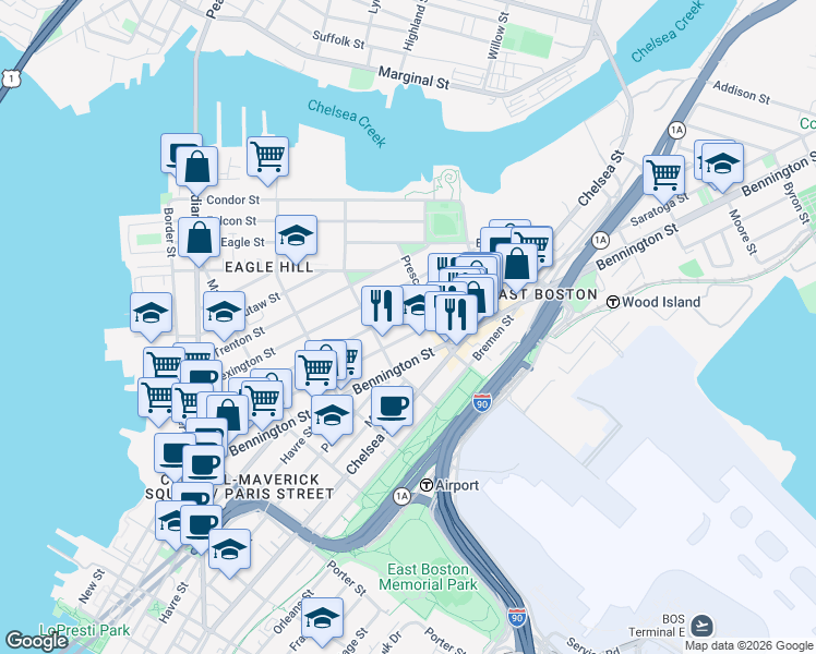 map of restaurants, bars, coffee shops, grocery stores, and more near 242 Princeton Street in Boston