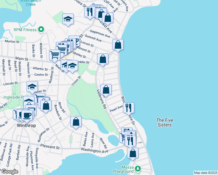 map of restaurants, bars, coffee shops, grocery stores, and more near 19 Mermaid Avenue in Winthrop
