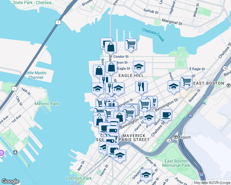 map of restaurants, bars, coffee shops, grocery stores, and more near 13 Monmouth Street in Boston
