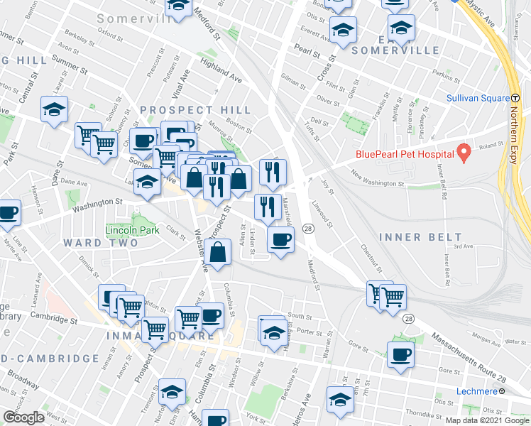 map of restaurants, bars, coffee shops, grocery stores, and more near in Somerville