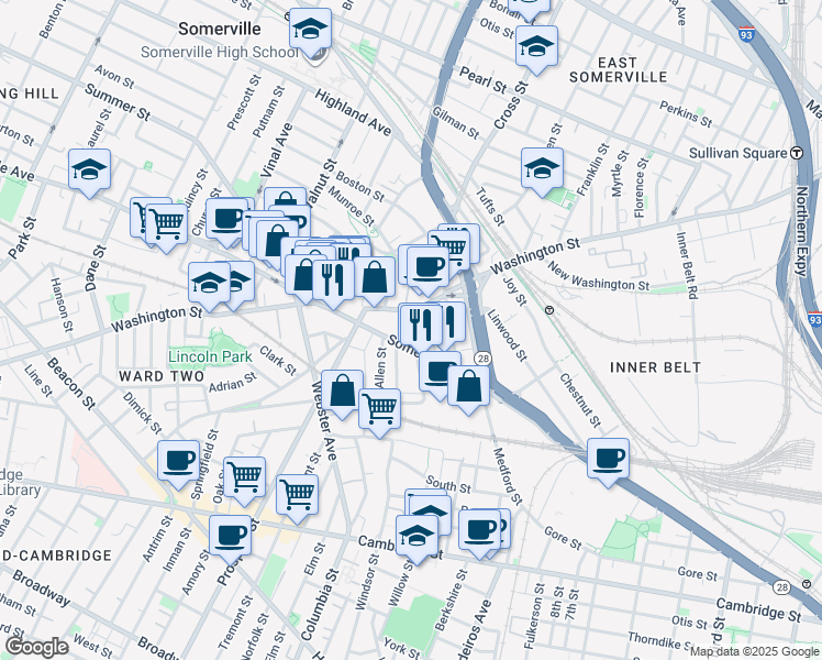 map of restaurants, bars, coffee shops, grocery stores, and more near in Somerville